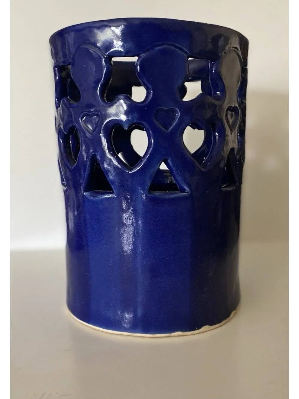 Vtg Signed Studio Pottery Cobalt Kitchen Utensil Holder Cutout Children Hearts
